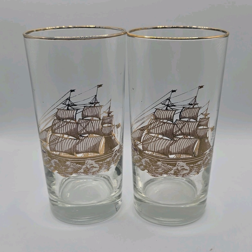 Set of 2 Nautical Ship Pattern Gold Rim Glass Tumblers, Clear Decorated Round